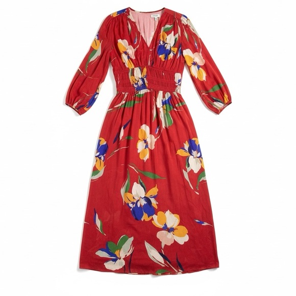 Shoshanna Dresses & Skirts - Shoshanna Emanuela Floral Smocked Waist Midi Dress V Neck Long Sleeve Red 4 NWT